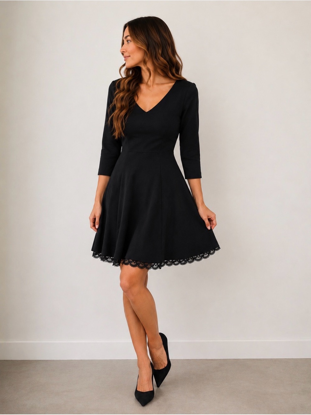 Trina Turk Black Fit & Flare Mini Dress Lace Trim 3/4 Sleeve V Neck Size 2 XS